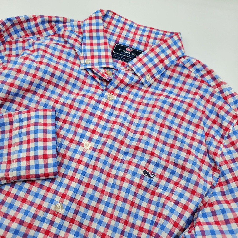 Vineyard Vines Performance Tucker Shirt Mens L Red Blue Gingham Classic Fit